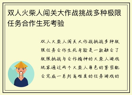 双人火柴人闯关大作战挑战多种极限任务合作生死考验