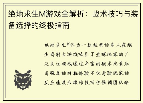 绝地求生M游戏全解析：战术技巧与装备选择的终极指南